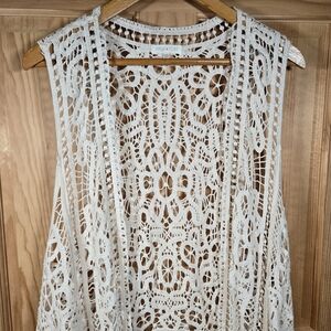 Duster Crochet Lace Open Front Ivory Fairy Hippie Romantic Boho Whimsy Large XL
